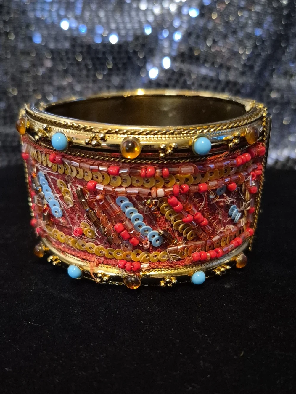 Embellished Beaded Cuff Bracelet - Red & Turquoise Accents